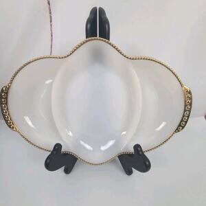 Fire King Milk Glass Divided Relish Dish Gold Trim‎ 3 Section Vintage Tray